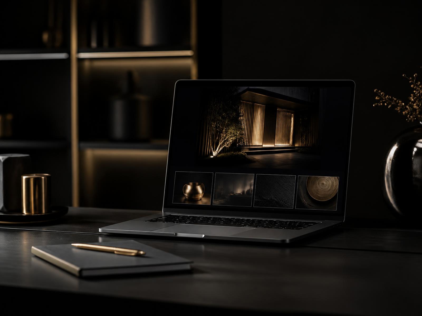 Minimal website design displayed on a laptop in a dark studio with gold accent lighting